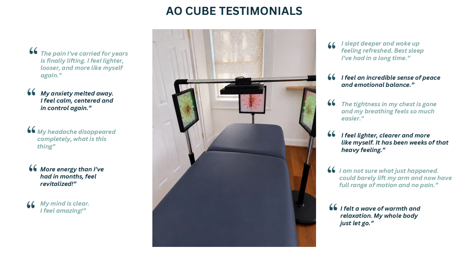 A collection of AO Cube client testimonials describing relaxation, calm, better sleep, and relief