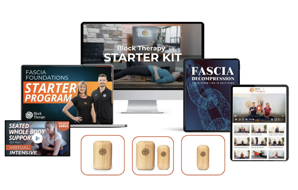 The Block Therapy Starter Kit — program screens, video library, and hand-finished wooden blocks