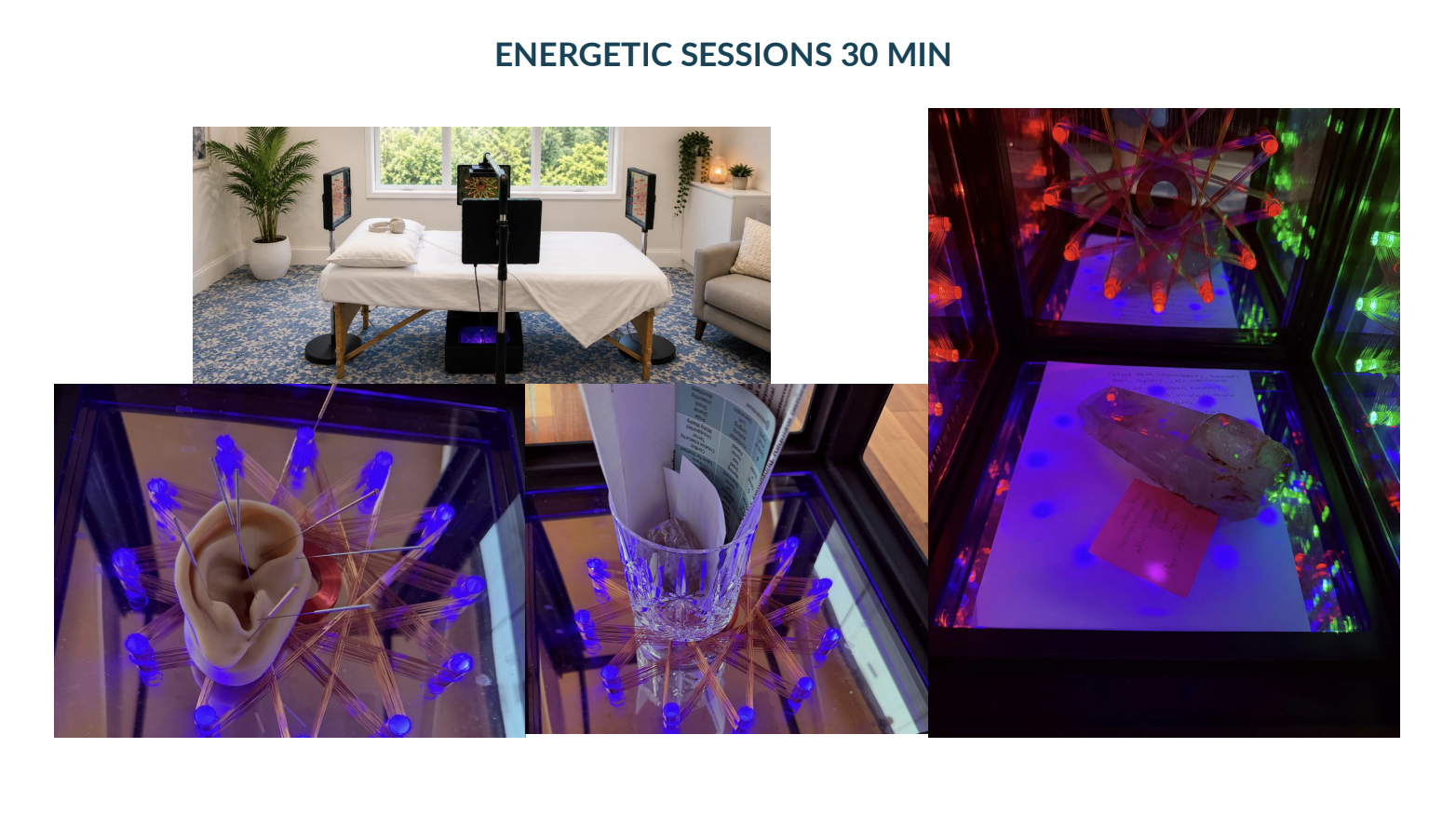 Collage of the energetic AO Cube setup — imprint items and LEDs inside the mirrored cube