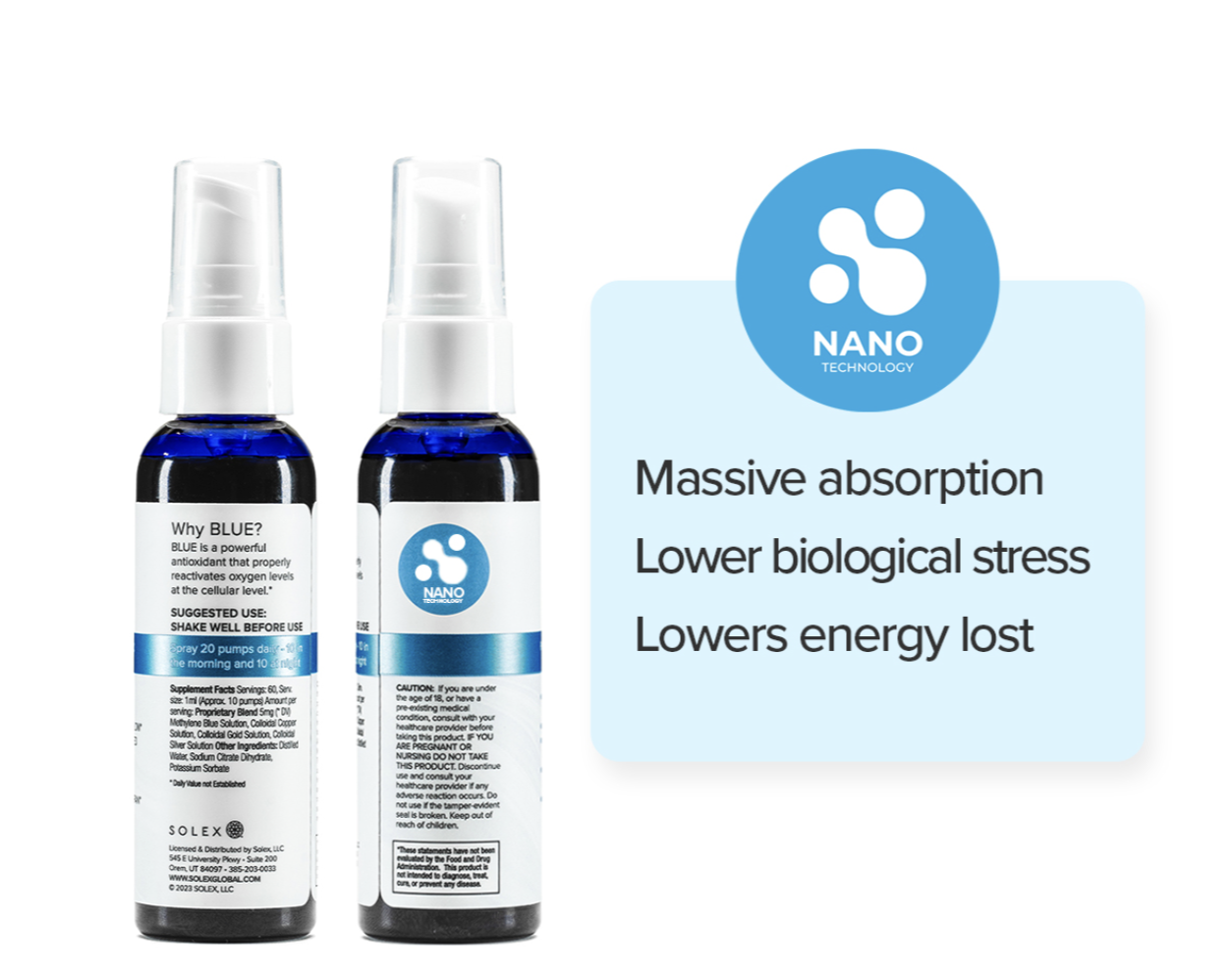 Two Solex Blue spray bottles beside a panel describing the nano formula