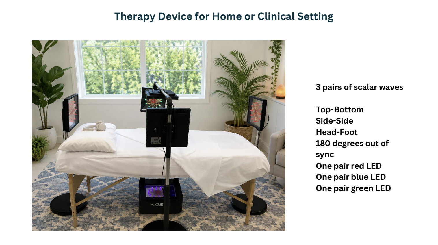 An AO Cube treatment room — a table between two light-panel stands with a base unit at the foot