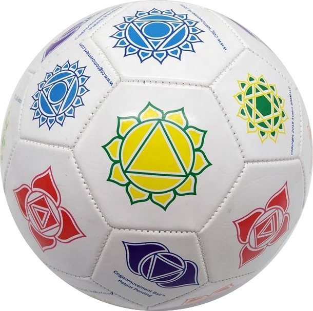 The Cognomovement Ball — a white ball printed with colorful chakra symbols