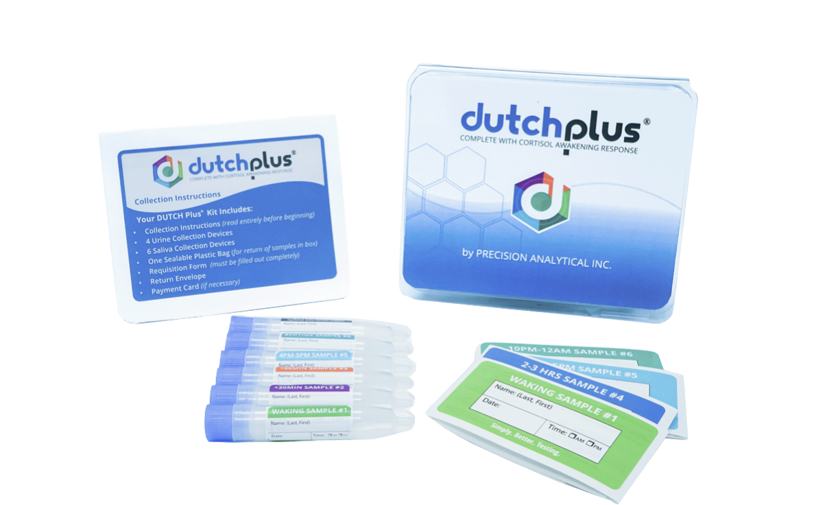 The DUTCH Plus at-home hormone test kit from Precision Analytical — urine collection strips, saliva tubes, and instructions