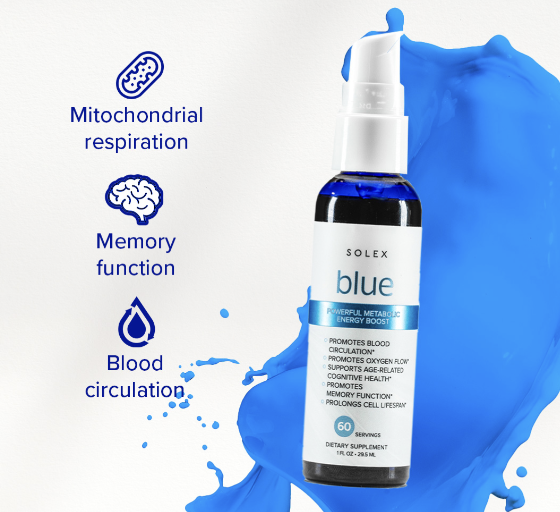 Bottle of Solex Blue methylene blue dietary supplement